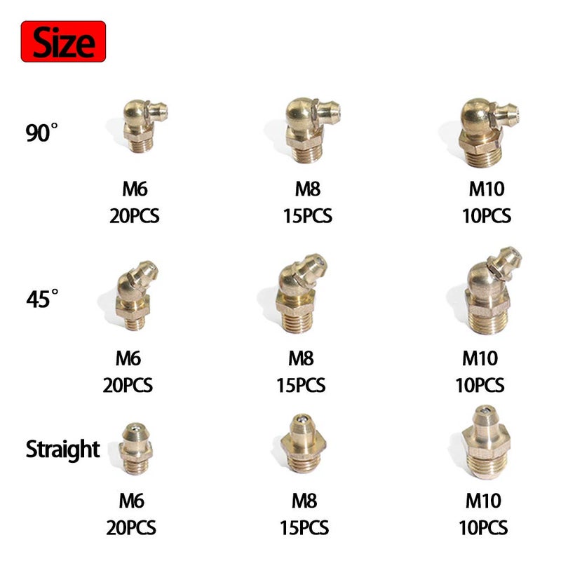 Boeray Straight and 90 Degree and 45 Degree Brass Zerk Grease Nipple Fitting Assortment Kits M6 M8 M10 135pcs - Image 2